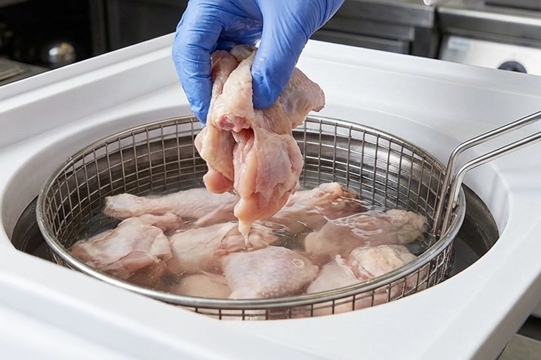 Kip voorbereiden in koud water op paneerwerktafel voor professioneel gebruik